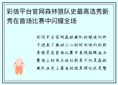 彩信平台官网森林狼队史最高选秀新秀在首场比赛中闪耀全场