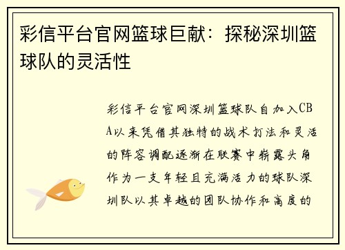 彩信平台官网篮球巨献：探秘深圳篮球队的灵活性